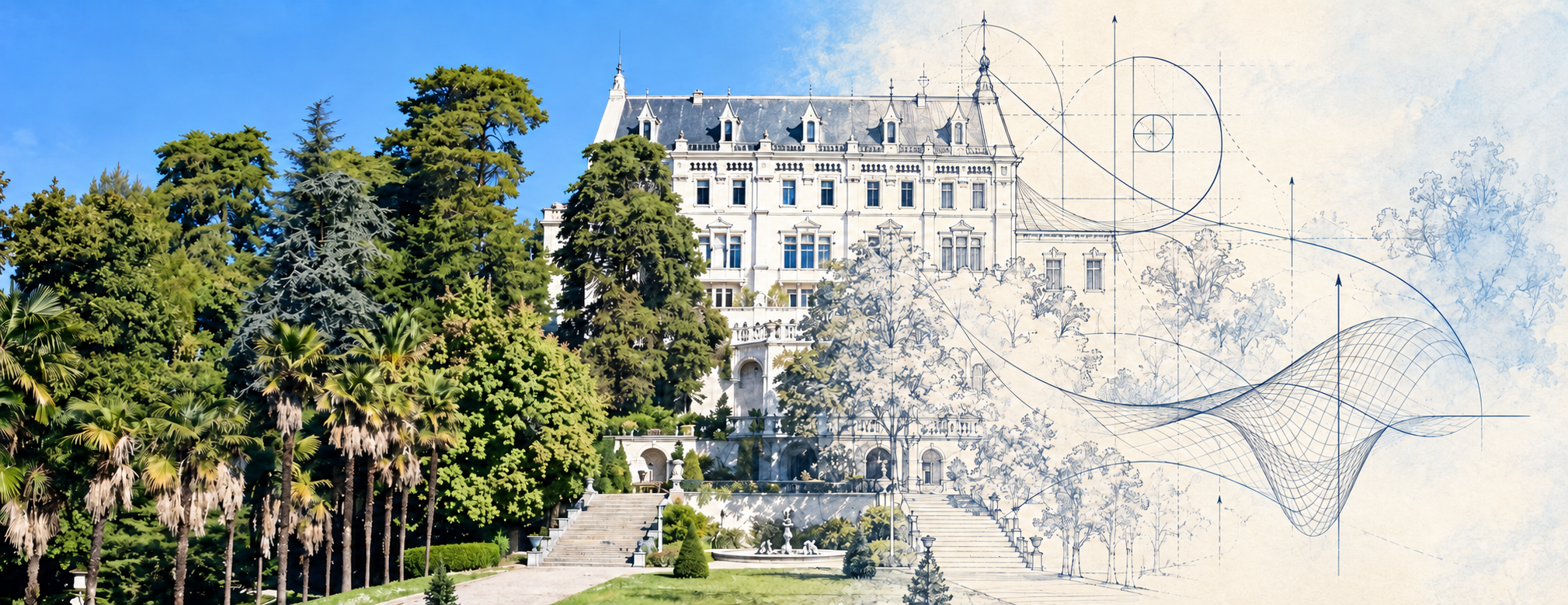 Château de Valrose et son parc se transformant progressivement en dessin architectural et en courbes mathématiques.