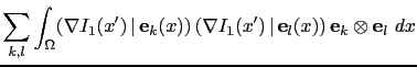 $\displaystyle \sum_{k,l}\int_\Omega(\nabla I_1(x')\,\vert\,{\bf e}_k(x))\,(\nabla I_1(x')\,\vert\,{\bf e}_l(x))\,{\bf e}_k\otimes {\bf e}_l\ dx$