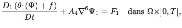 $\displaystyle \frac{D_1\left( \theta_1(\Psi)+f \right)}{Dt}+A_4 \nabla^6\Psi_1=F_1 \quad \textrm{dans } \Omega \times ]0,T[,$