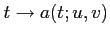 $ t \to a(t;u,v)$
