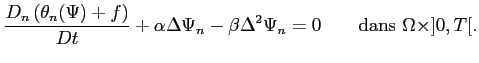 $\displaystyle \frac{D_n\left( \theta_n(\Psi)+f \right)}{Dt}+\alpha \Delta\Psi_n -\beta\Delta^2\Psi_n=0 \qquad \textrm{dans } \Omega \times ]0,T[. \vspace{0.3cm}$